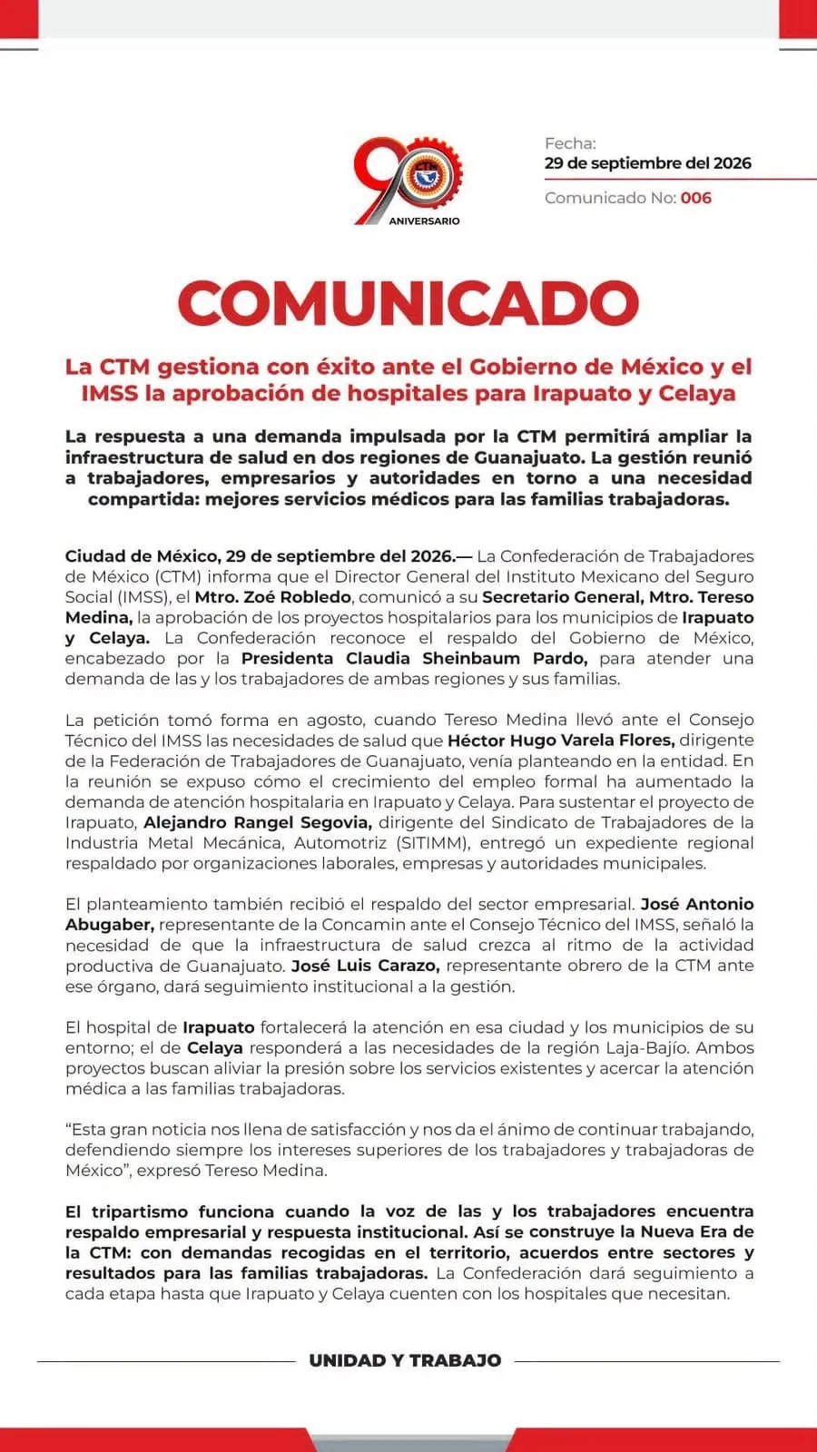 The CTM successfully secures approval from the Government of Mexico and the IMSS for hospitals in Irapuato and Celaya